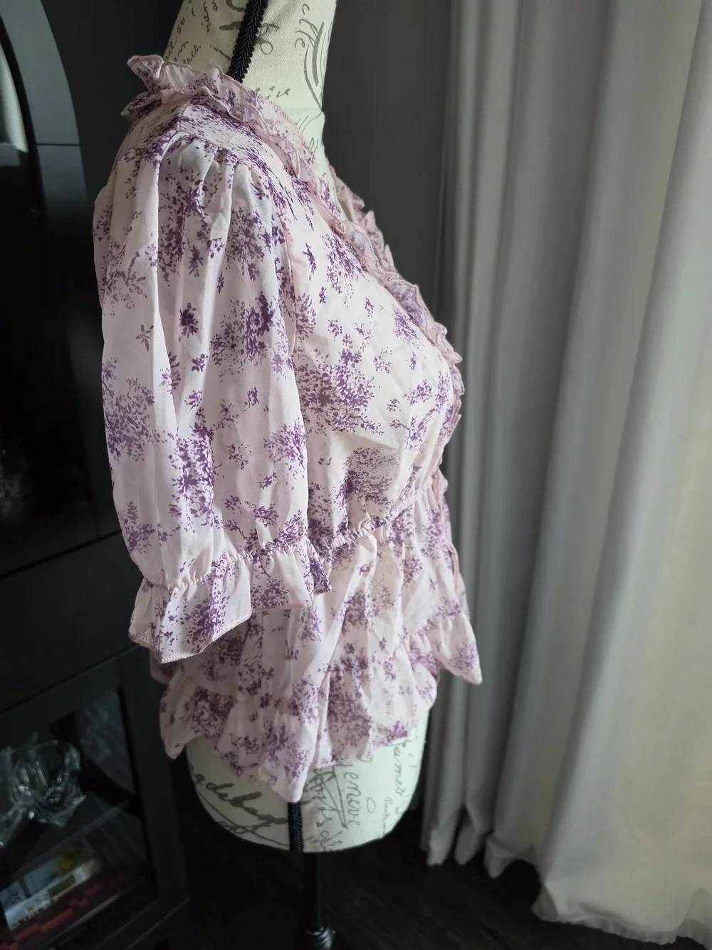 Sheer Floral Lavender Peplum Blouse with Zip Front